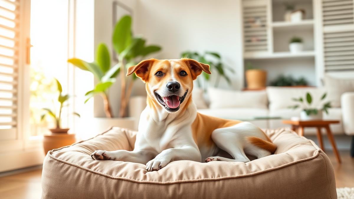 Relaxed dog resting on its own bed in a bright Queenslander living room