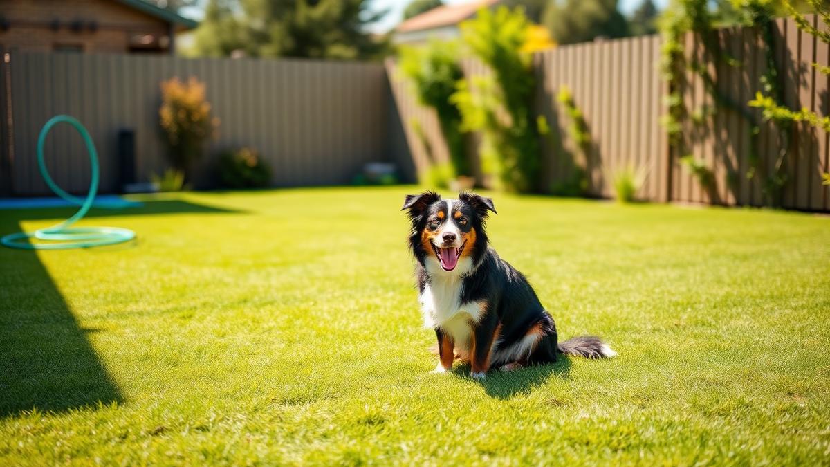 Border collie sitting on a freshly mown, tidy green backyard lawn
