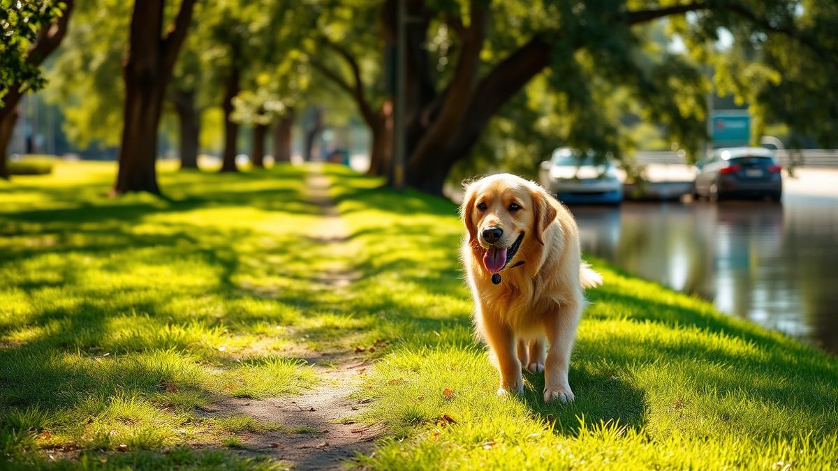 Golden retriever walking on shaded grass beside a Brisbane riverside path in the morning