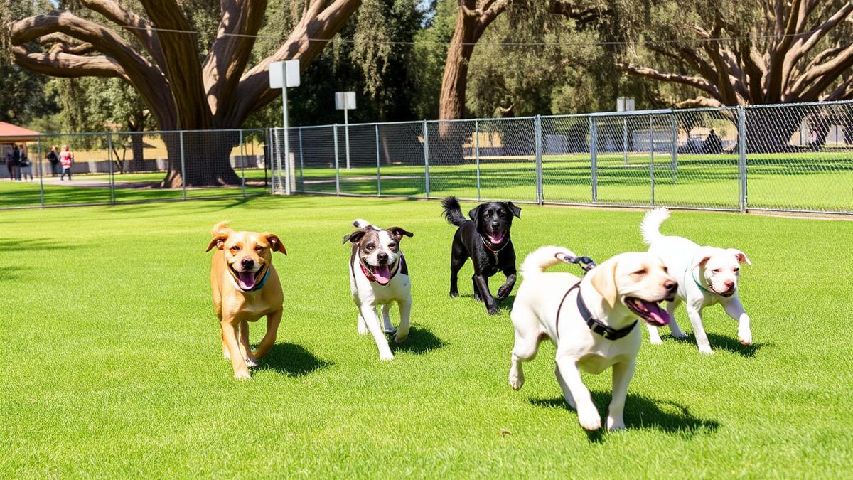 Dogs running off-leash on green grass in a fenced Brisbane dog park under gum trees