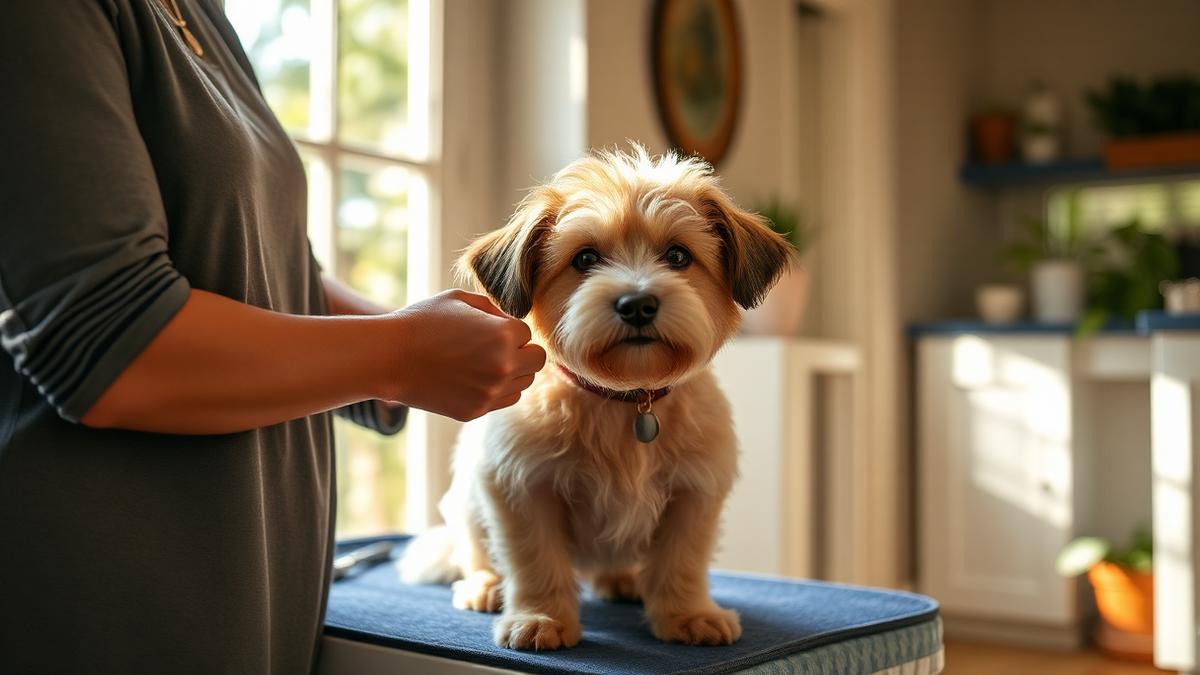 Small fluffy puppy being gently brushed by a sitter in a bright Queenslander home