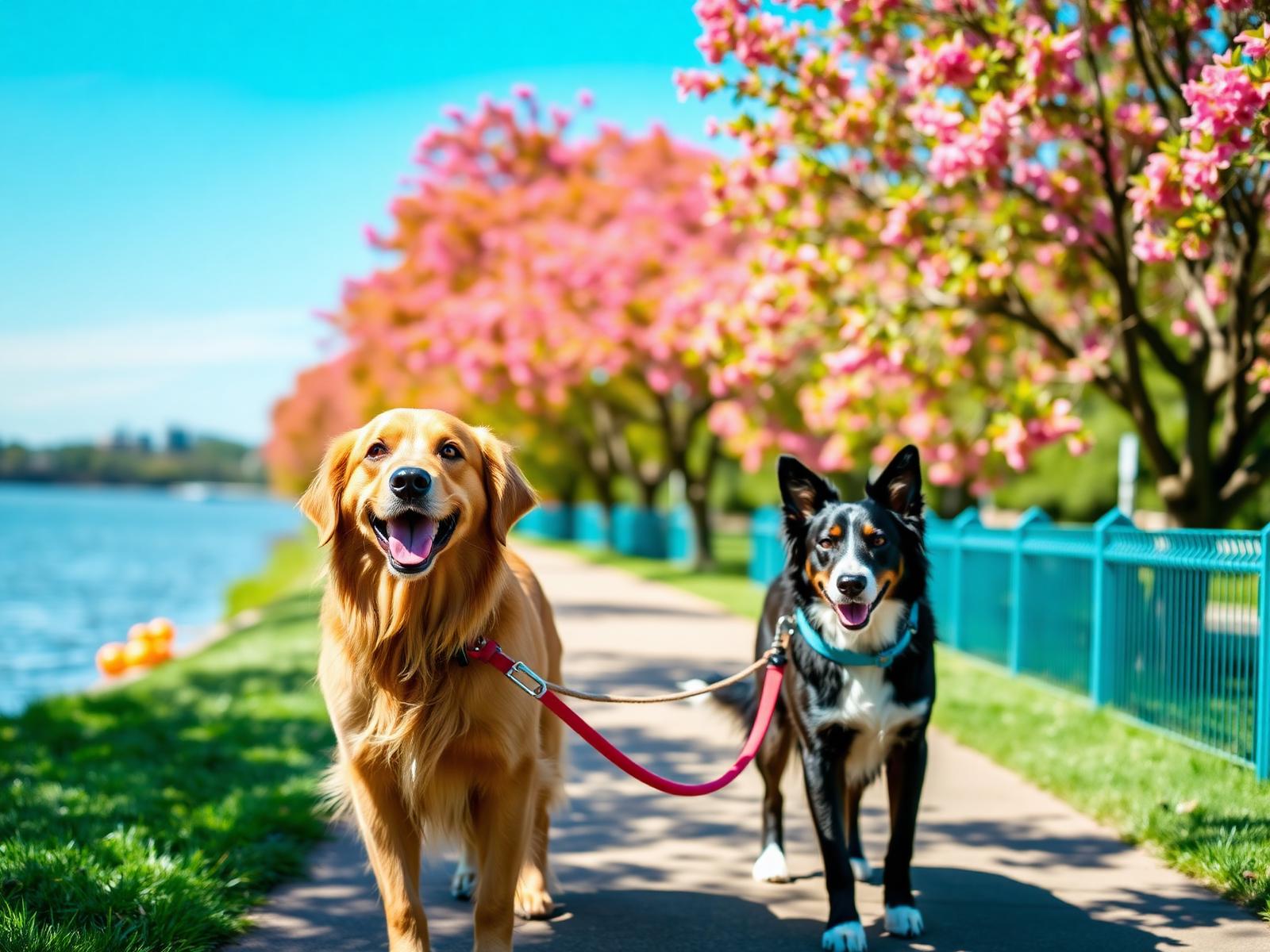 Two happy dogs on colourful leashes walking a sunny Brisbane riverside path